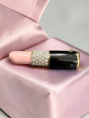 Vintage Pink Lipstick Brooch with Rhinestones